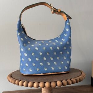 Dooney & Bourke Blue Signature Hobo Mini Bucket Bag Jacquard Logo Leather NWOT